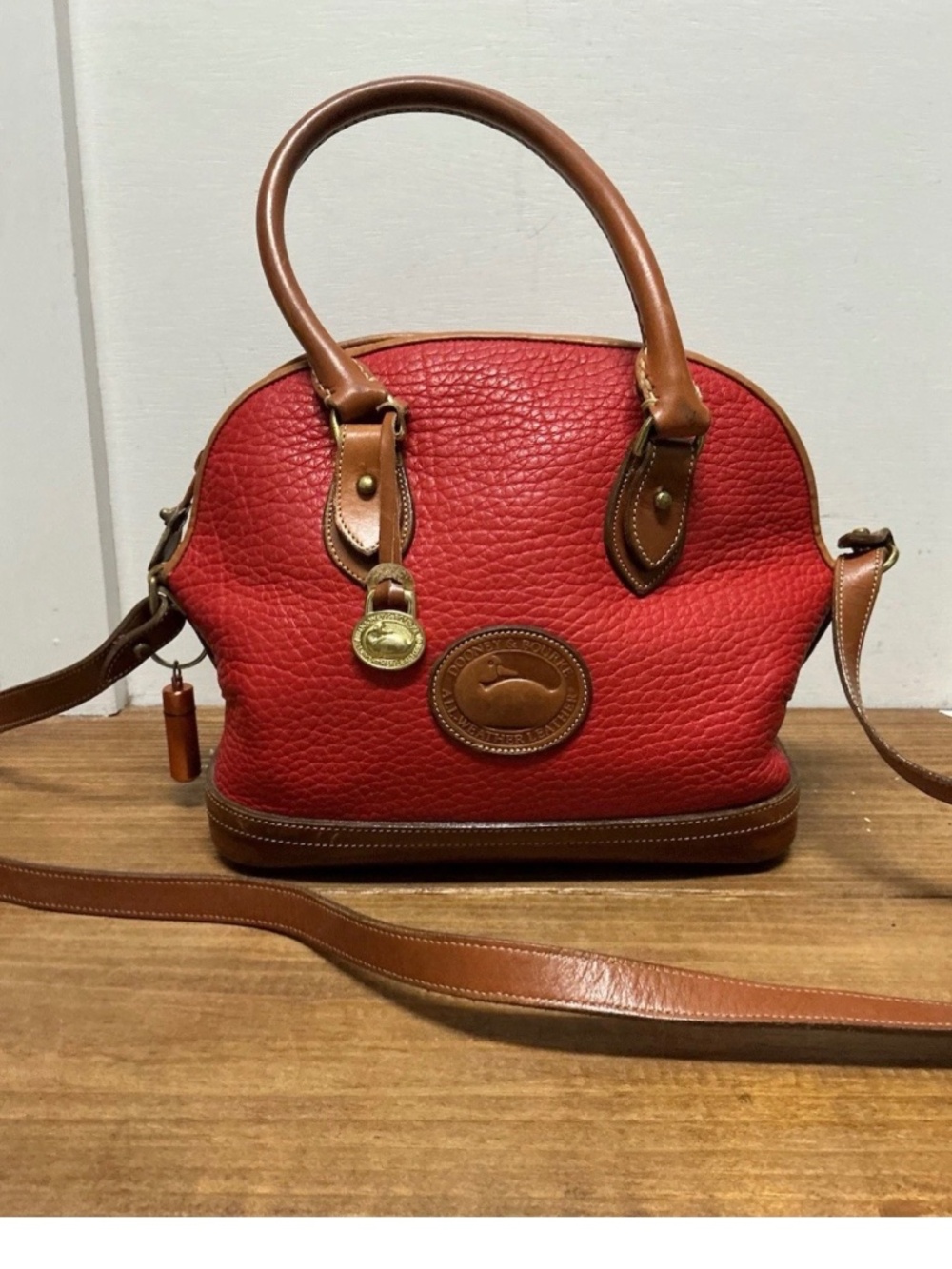 Vintage Dooney & Bourke Red All-Weather Leather Satchel Bag British Tan Trim